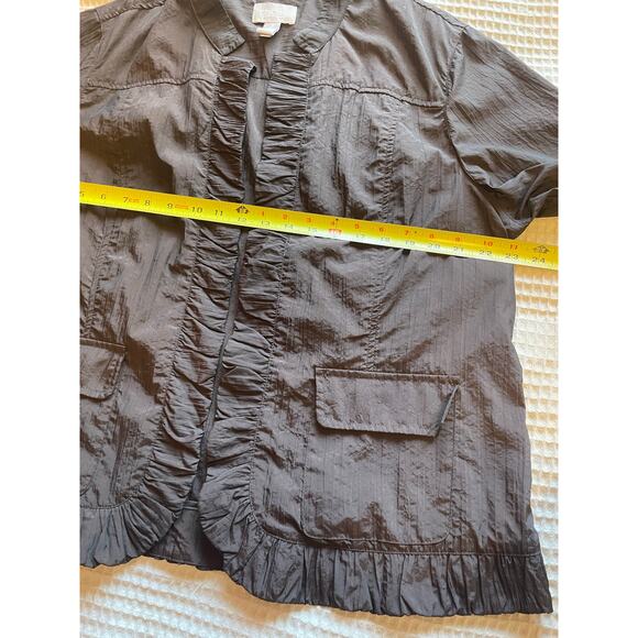 Chico’s Brown Nylon Textured Open Front Ruffle Grandmacore Jacket Size 3 (XL) - Picture 11 of 12